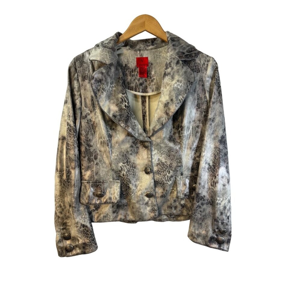 christina v Iridescent snakeskin print blazer with long sleeves, three button cl